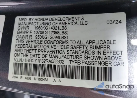 2024 Honda Accord Ex z USA, uszkodzony, nr VIN 1HGCY1F32RA052302